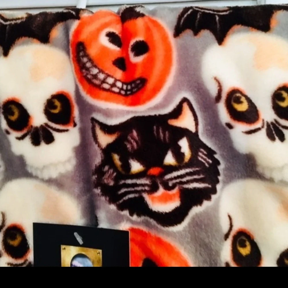 Halloween Vintage Images Throw Blanket Black Cats Skulls JOL Pumpkins Bats Plush